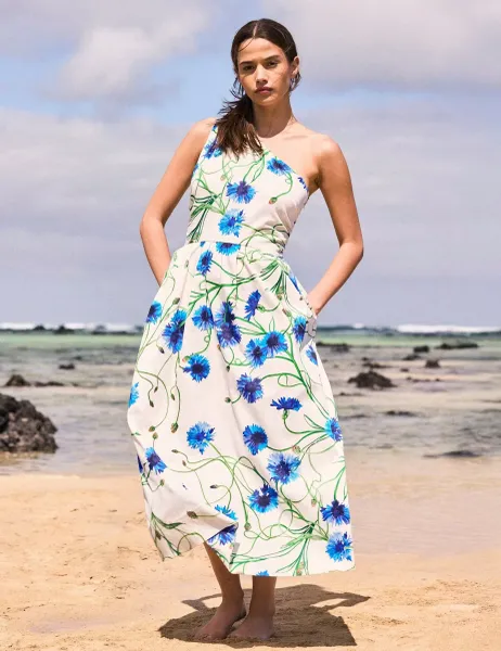 RO&ZO Cotton Rich Floral One Shoulder Maxi Dress Ivory Mix