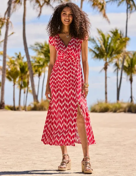 SOSANDAR Geometric V-Neck Midi Waisted Dress Pink Mix