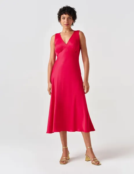 Ghost Satin V-Neck Tie Back Midi Tea Dress Red