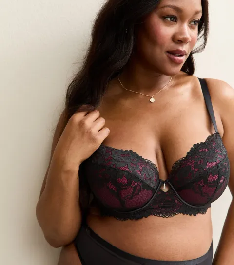 Women's Plus Size Black Floral Lace Contrast Trim Bra Curves