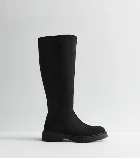 New Look Women's Black Faux Suede Stretch Calf Knee High Boots Vegan
