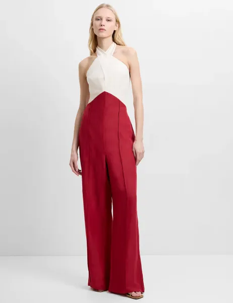 French Connection Linen Blend Halterneck Sleeveless Jumpsuit Burgundy Mix