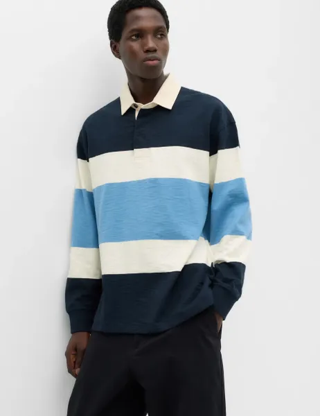 Marks & Spencer Pure Cotton Colour Block Rugby Shirt Navy Mix