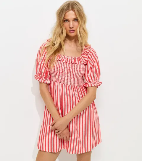 Women's Red Striped Short Sleeve Shirred Frill Mini Dress