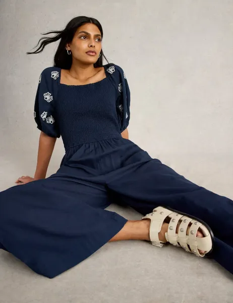 White Stuff Cotton Linen Blend Embroidered Jumpsuit Navy