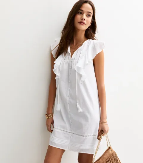 Women's White Ruffle Tie Faux Button Mini Dress