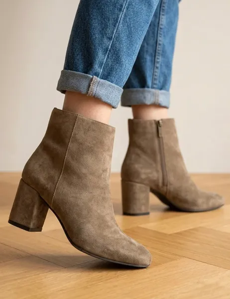 Leather Block Heel Ankle Boots Taupe