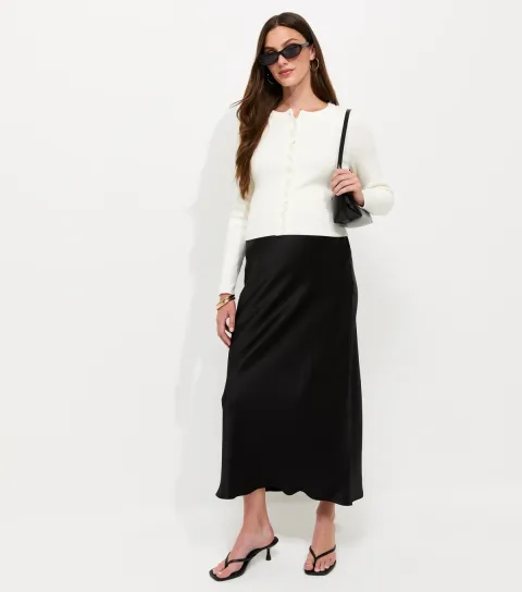 Women's Maternity Black Satin Bias Cut Midi Skirt