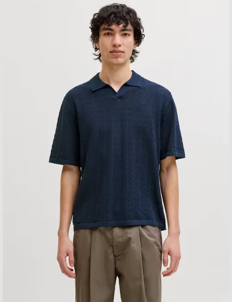 Jack & Jones Cotton Blend Textured Polo Shirt Blue
