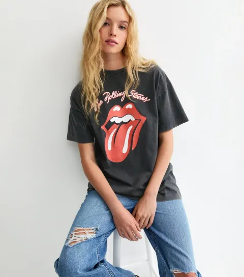 Women's Dark Grey Rolling Stones Lips Print Oversized T-Shirt