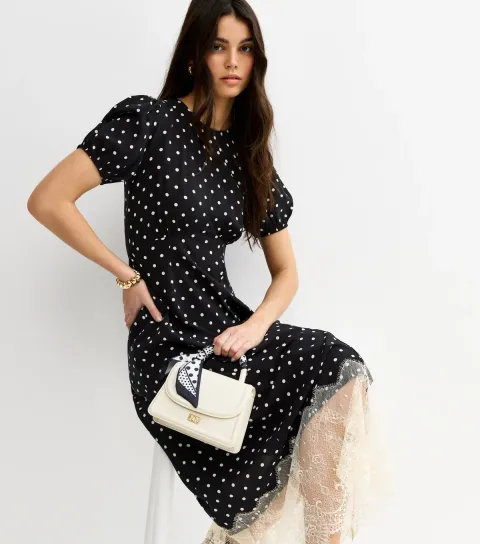 Women's Black Spot Print Lace Trim Midi Dress