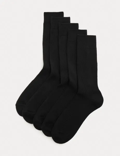 Marks & Spencer 5 Pack Cotton Rich Ribbed Socks Black