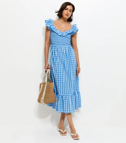 Women's Blue Cotton Gingham Ruffled Neck Midi Dress