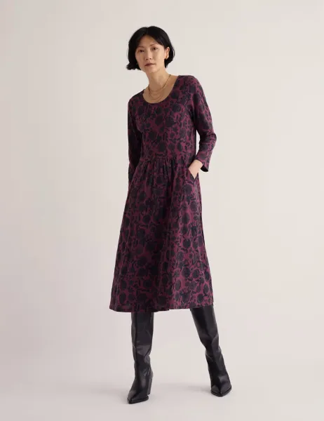 Seasalt Cornwall Cotton Rich Floral Midi Waisted Dress Purple Mix