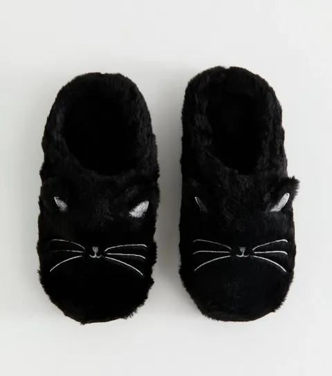 New Look Women's Black Faux Fur Cat Embroidered Slippers