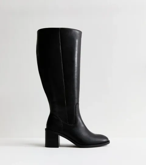 New Look Women's Extra Calf Fit Wide Fit Black Faux Leather Knee High Boots