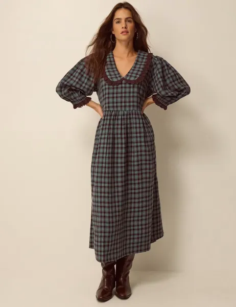 Monsoon Checked V-Neck Puff Sleeve Midi Skater Dress Blue Mix
