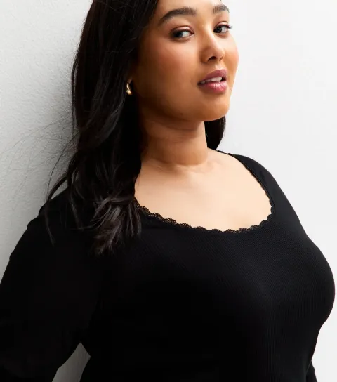 New Look Women's Plus Size Black Ribbed Lace Trimmed Long Sleeve Top Curves