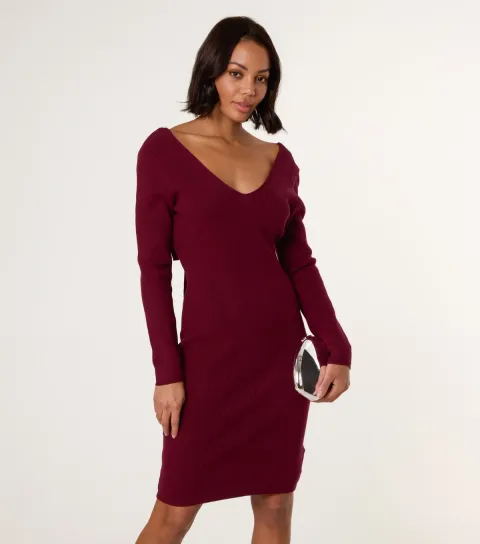 Blue Vanilla Women's Burgundy Knit Bow Back V-Neck Mini Dress