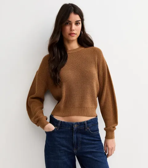Women's Tan Ribbed Crew Neck Knit Jumper