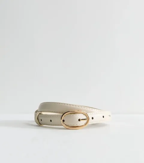 Cream Faux Leather Oval Buckle Skinny Belt
