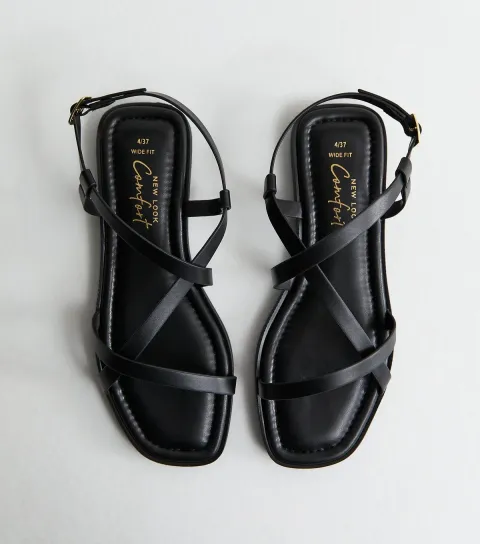 Women's Wide Fit Black Faux Leather Multi Strap Flat Sandals Vegan