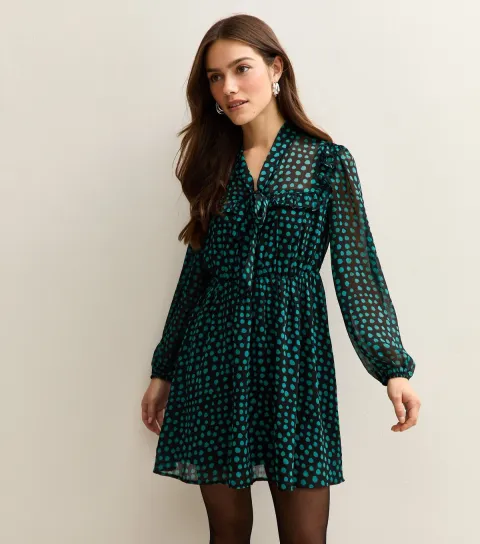 Women's Petite Blue Spotty Pussybow Mini Dress
