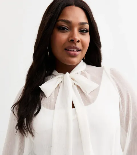 New Look Women's Plus Size White Pussybow Crinkled Chiffon Blouse Curves
