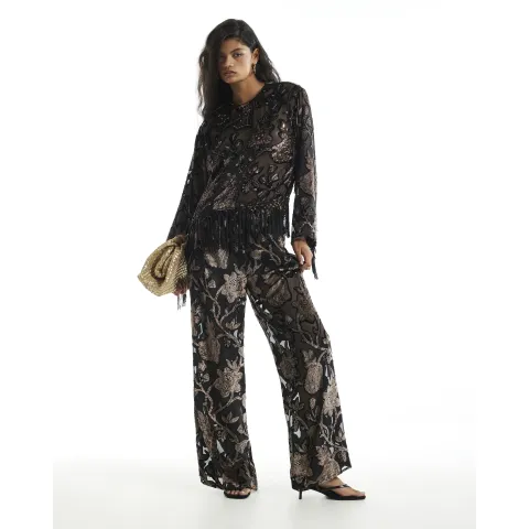River Island Floral Devore Wide Leg Trousers