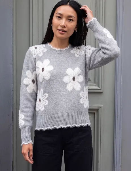 Roman Fluffy Floral Jumper Grey Mix