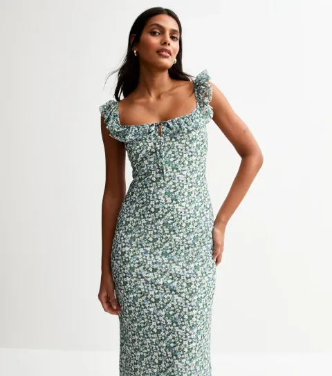 Women's Green Ditsy Print Frill Trim Mesh Midi Dress