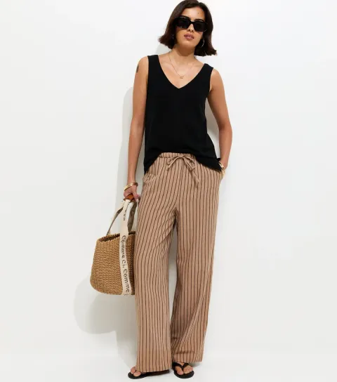Women's Brown Cotton Striped Wide Leg Trousers