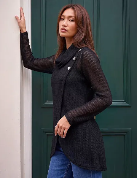 Roman Textured Cowl Neck Button Detail Tunic Black Mix