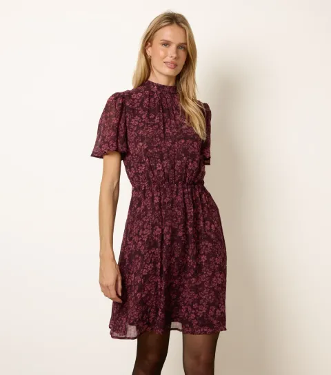 Blue Vanilla Women's Burgundy Chiffon Floral Mini Dress