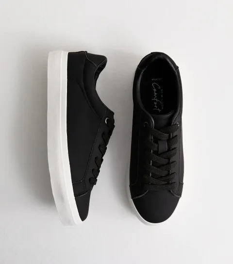 Women's Wide Fit Black Faux Leather Lace Up Trainers Vegan