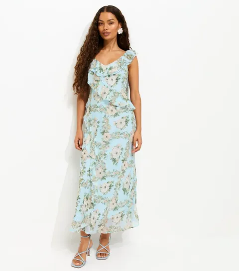 Women's Petite Light Blue Floral Print Ruffled Chiffon Midi Dress
