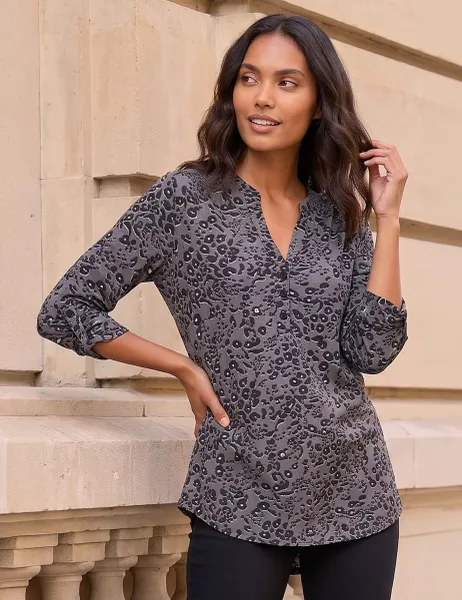 Roman Jersey Animal Print Notch Neck Top Grey