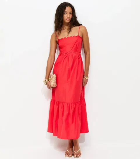 New Look Women's Dark Coral Scalloped Edge Strappy Poplin Midi Dress