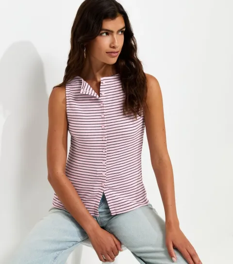 New Look Women's Pink Cotton Rich Stripe Pattern Button Through Tank Top