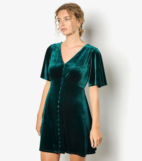 Women's Dark Green Velvet Angel Sleeve Dress