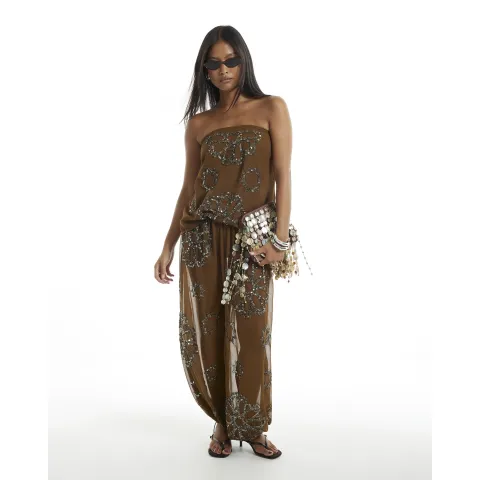 River Island Petite Embellished Sheer Cuff Trousers