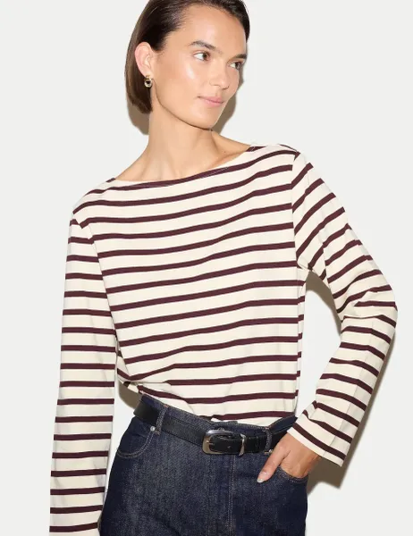 Jigsaw Pure Cotton Striped Slash Neck Top Burgundy Mix