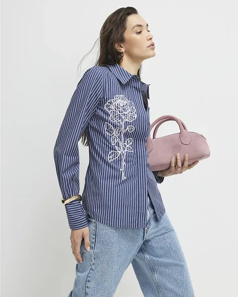 River Island Striped Long Sleeve Embroidered Shirt