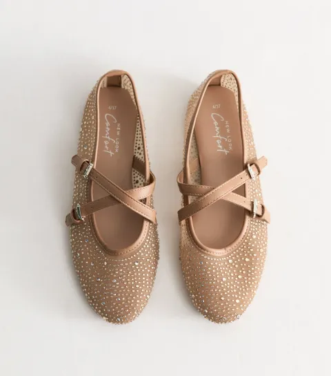 New Look Women's Oatmeal Mesh Gem Embellished Mary Jane Flats Vegan