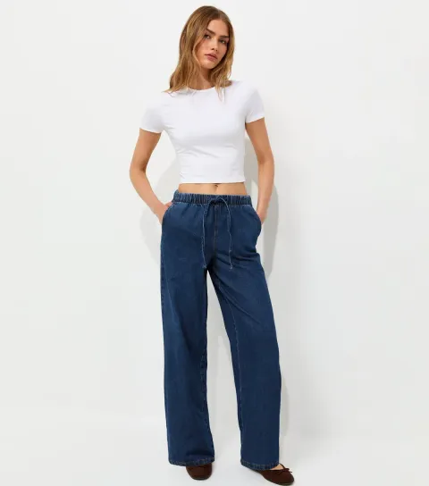 Women's Blue Denim Wide Leg Drawstring Waist Jeans