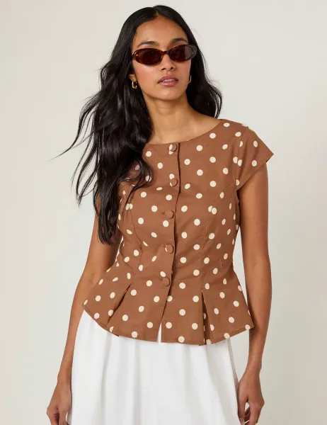 Nobody's Child Cotton Rich Polka Dot Fitted Blouse Brown