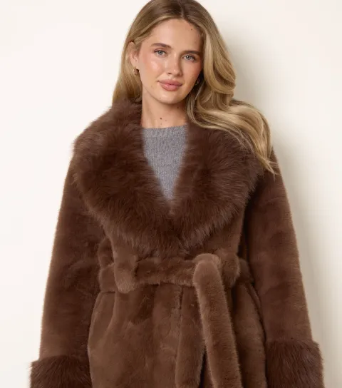 Blue Vanilla Women's Brown Plush Faux Fur Belted Coat