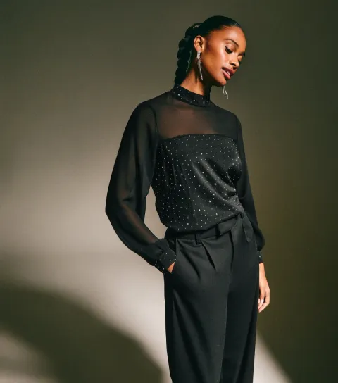 Women's Black Diamante Embellished Panelled Top