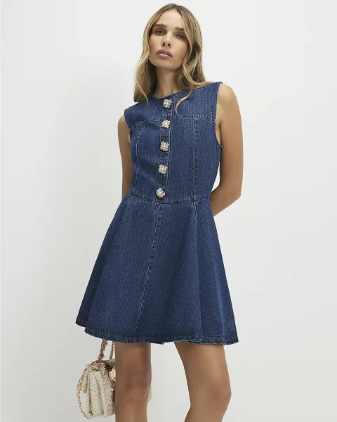 River Island Embellished Button Denim Mini Dress