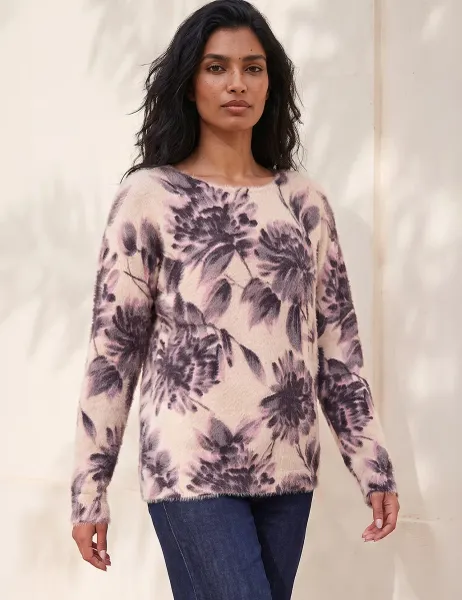 Roman Fluffy Knit Floral Print Scoop Neck Jumper Light Pink Mix